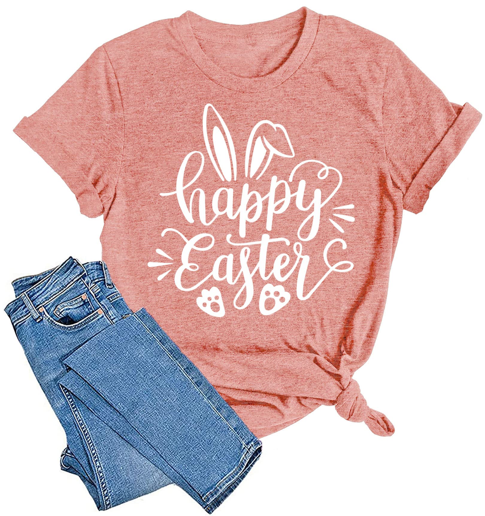 Women Happy Easter T Shirt Bunny Rabbit Graphic T-Shirt Funny Letter Printed Shirts Short Sleeve Tops