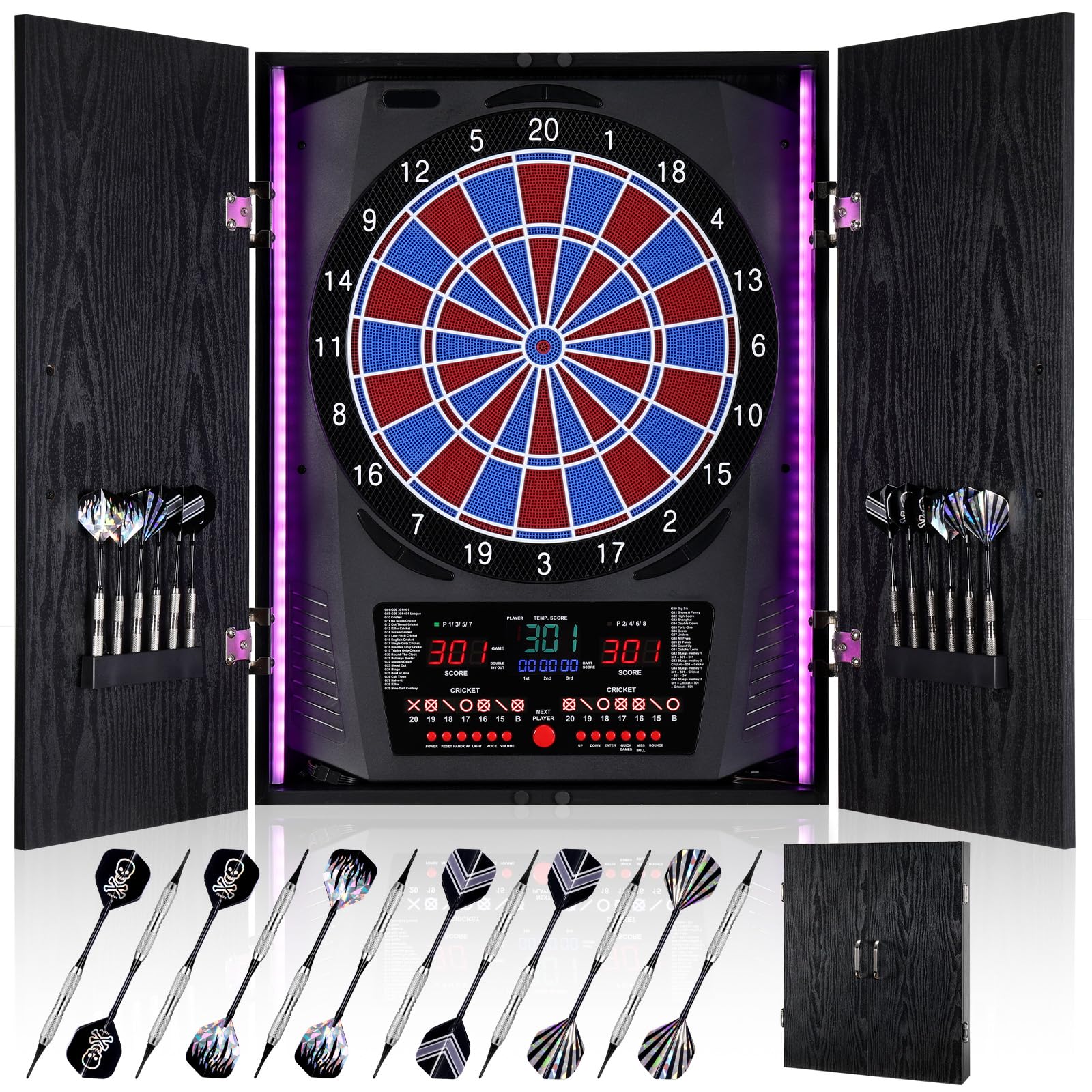 Elektronische Dartscheibe mit Rustikalen Holz-Schrank [12 Bronze Soft-Tip Pfeile], 8-Farben LED für 8 Spieler, Dart Scheibe Profi für Zuhause & Bar