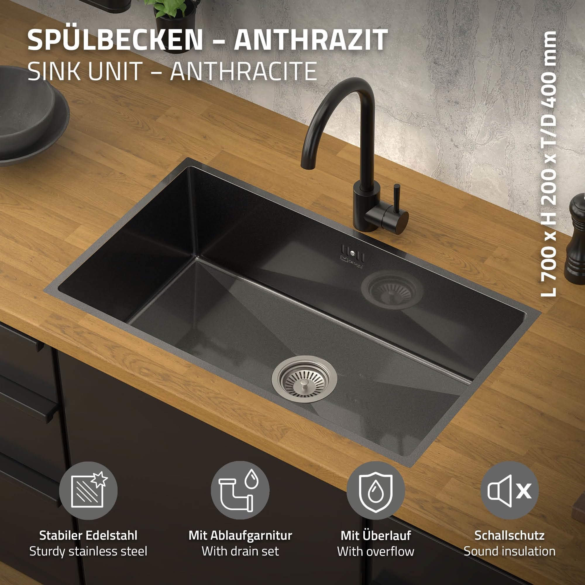ML-Design Fregadero XXL de Cocina de un Seno 70x40 cm Antracita Lavabo Angular Sobre Encimera o Enrasado con Juego de Desagüe y Rebosadero Cubeta de Acero Inoxidable Anti-condensación