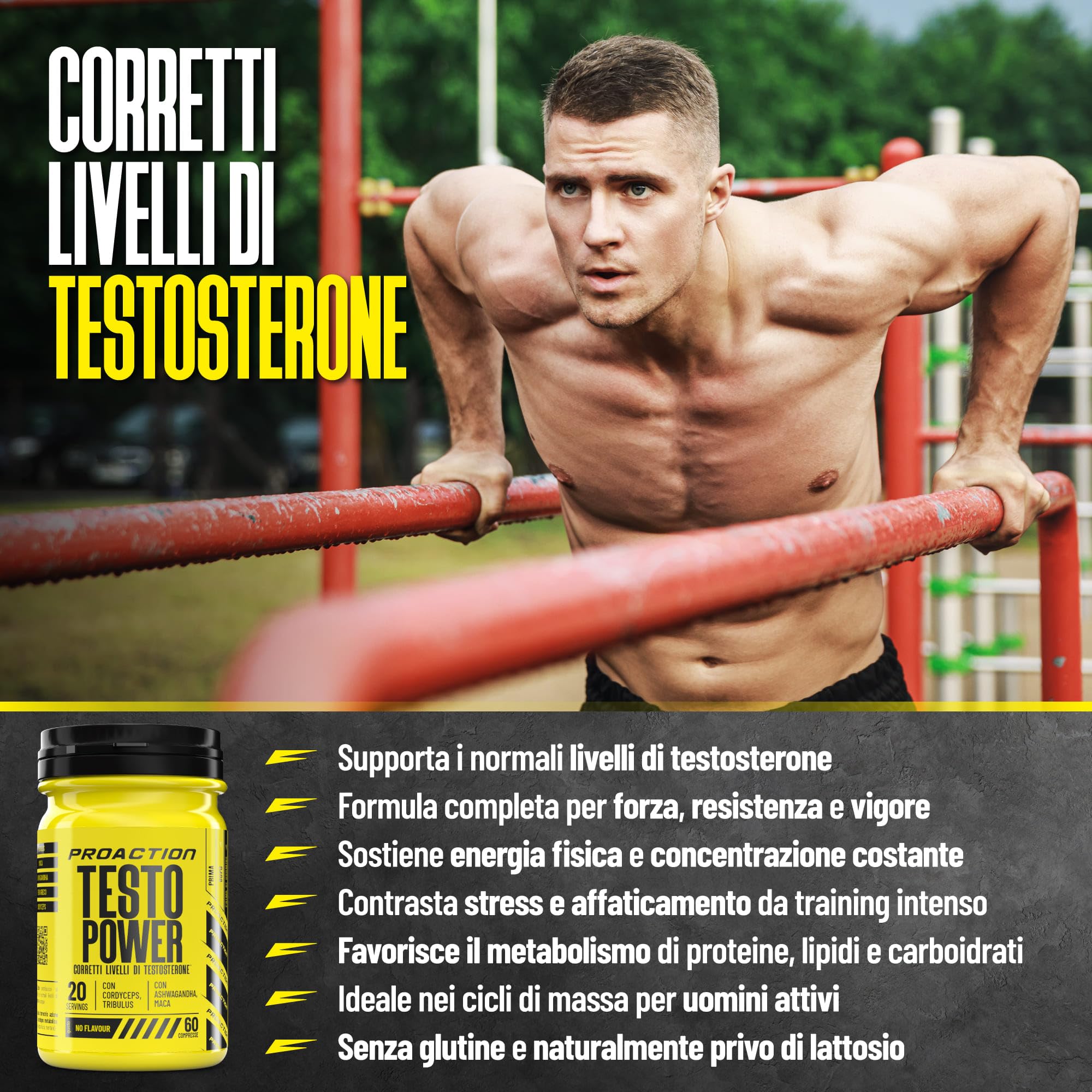 ProAction TESTO POWER | Testosterone Booster con Alto Dosaggio di Tribulus Terrestris, Maca Nera, Fieno Greco, Ashwagandha e Zinco | Integratore Testosterone Uomo per Aumento Massa Muscolare | 60 cpr