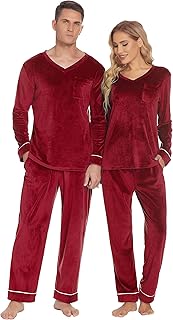 Ekouaer Couples Matching Pajamas Sets Velvet PJs Set for Men and Women Velour Long Sleeve Sleepwear S-XXL