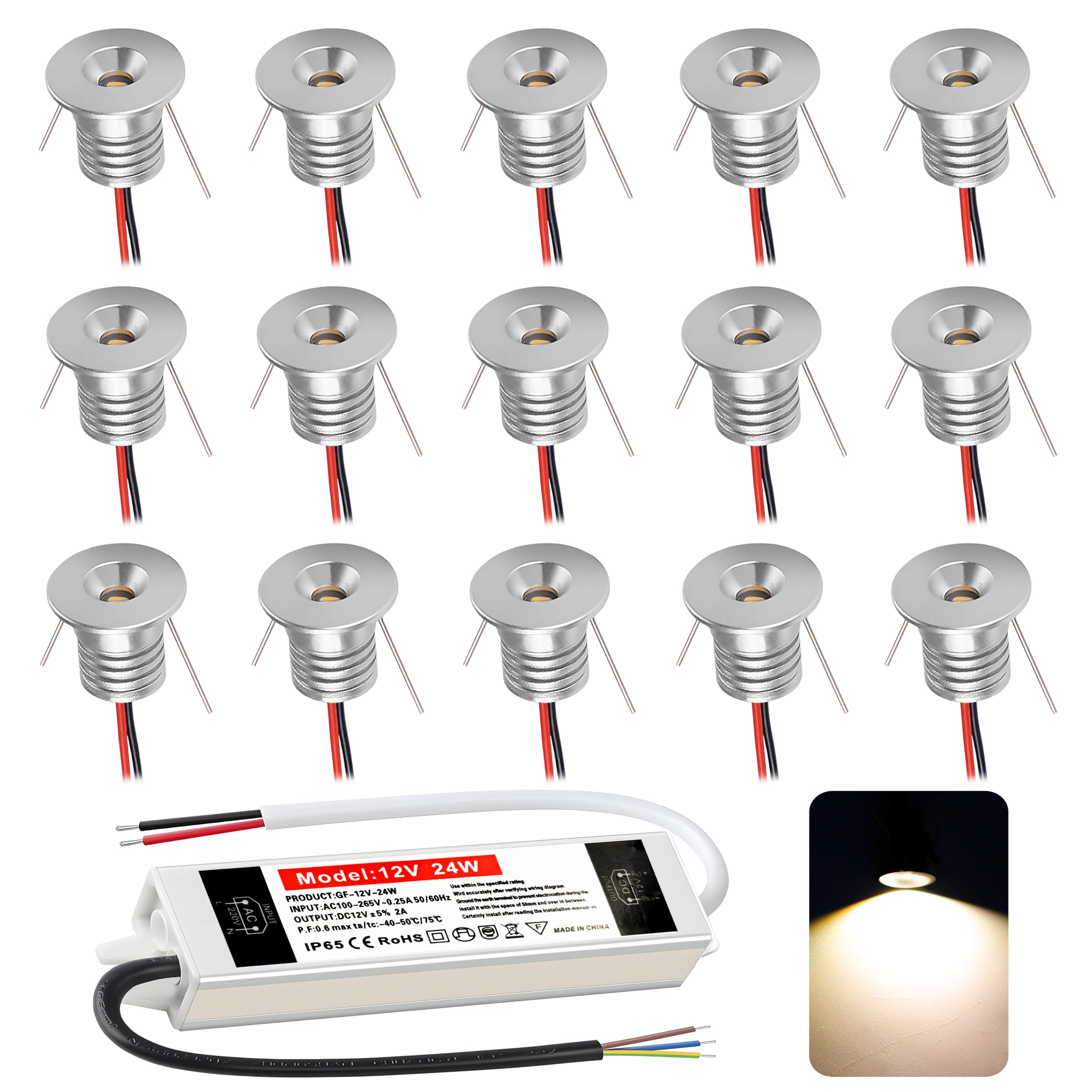Mini Spot Lights 1W 12V LED Recessed Spot Light Ceiling 15mm-18mm Cutout LED Downlight IP65 Warm White 3000K Ceiling Spotlights for Cabinet Kitchen Living Rom Stairs,With transformer (Silver, 15 Pack)