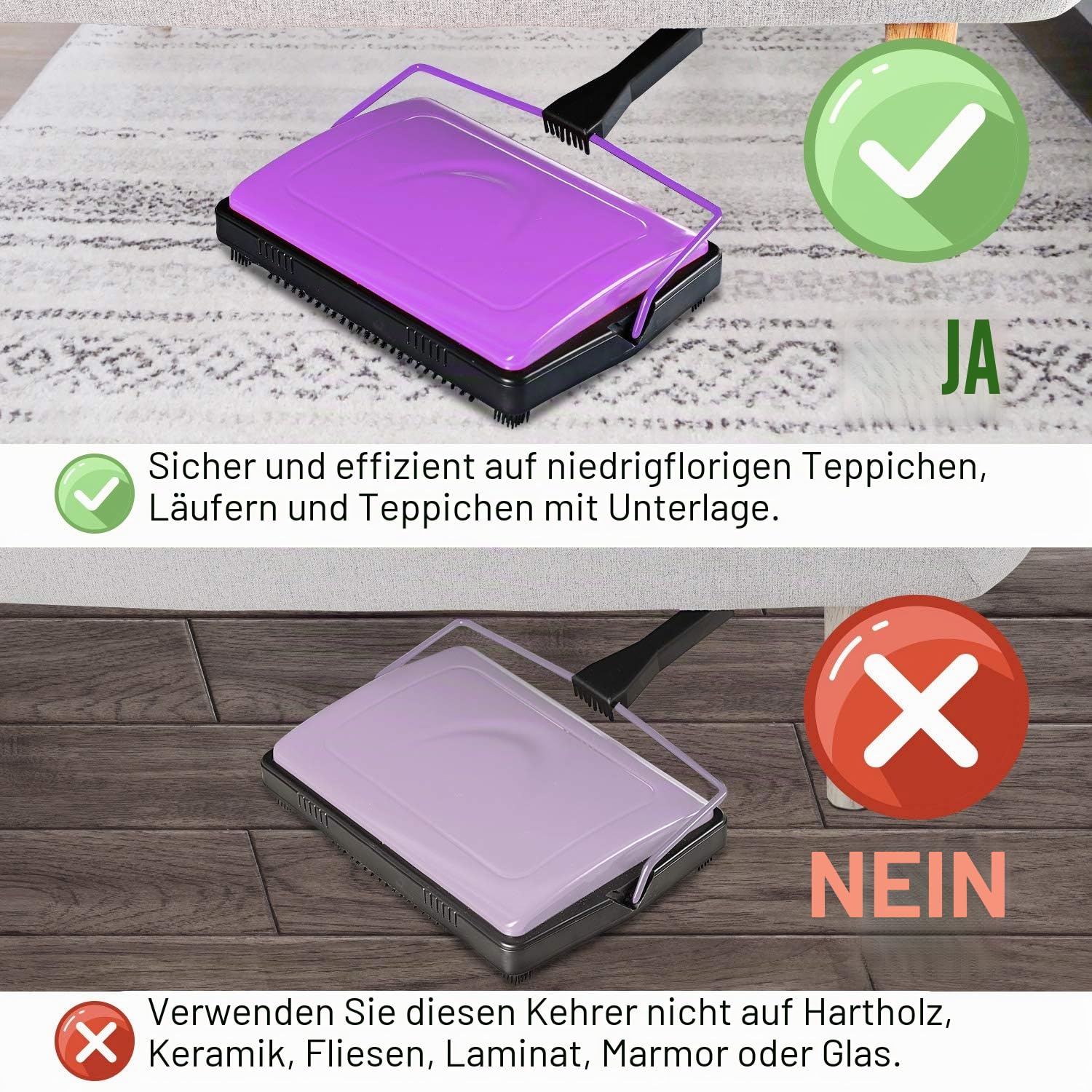 Yocada Teppichkehrer Reiniger für Home Office Niedrige Teppiche Teppiche Unterwolle Tierhaare Staubreste Papier Kleine Müllreinigung mit einer Bürste Lila