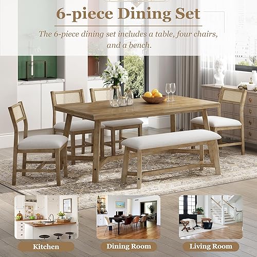 Miniatura 7 de Merax Juego de mesa de comedor retro de 6 piezas para 6, mesa rectangular de madera estilo granja con banco acolchado y cuatro sillas tapizadas y