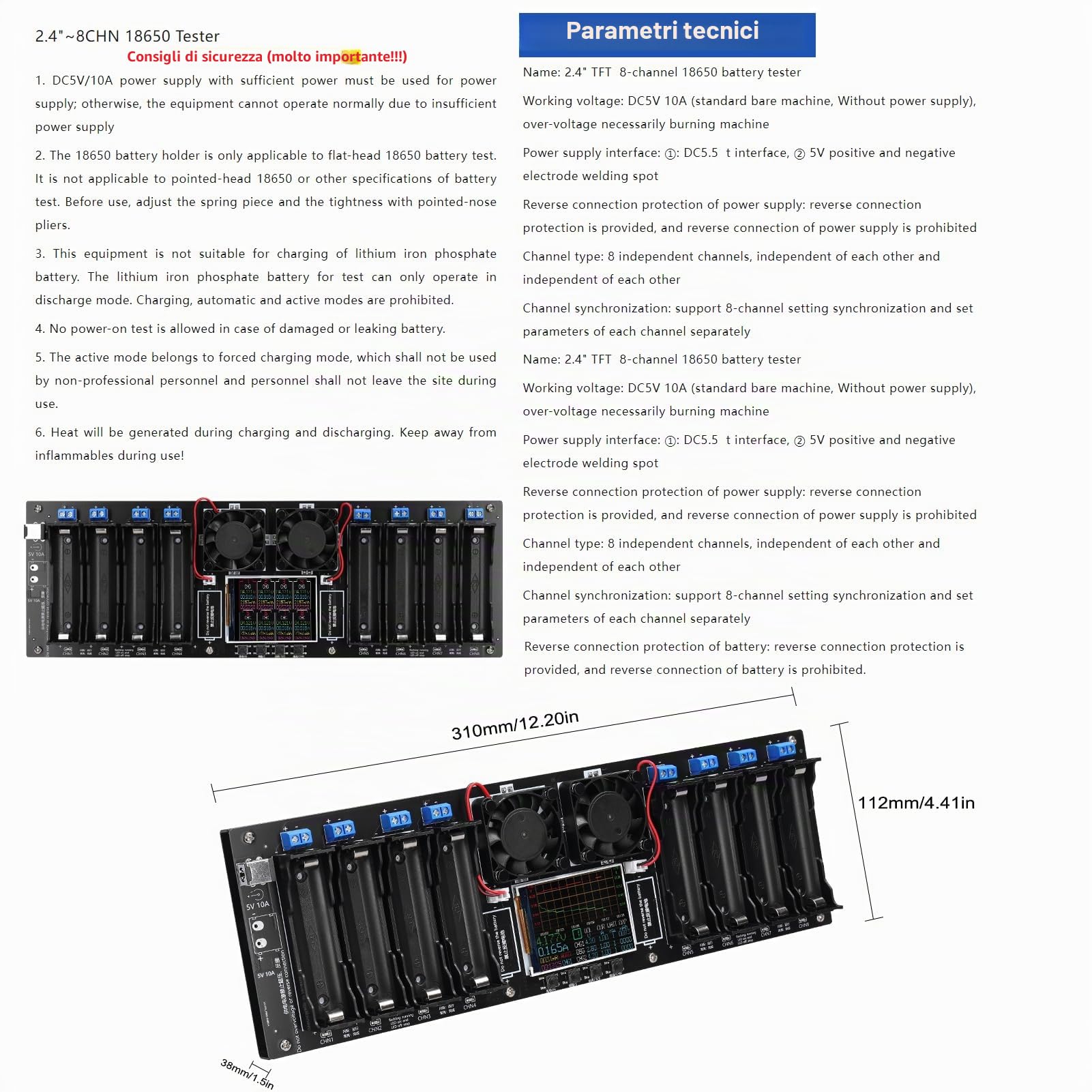 Tester batteria a 8 canali display TFT da 2,4 pollici Test di capacità della batteria con funzionalità multimodale Sicurezza migliorata e visualizzazione intuitiva