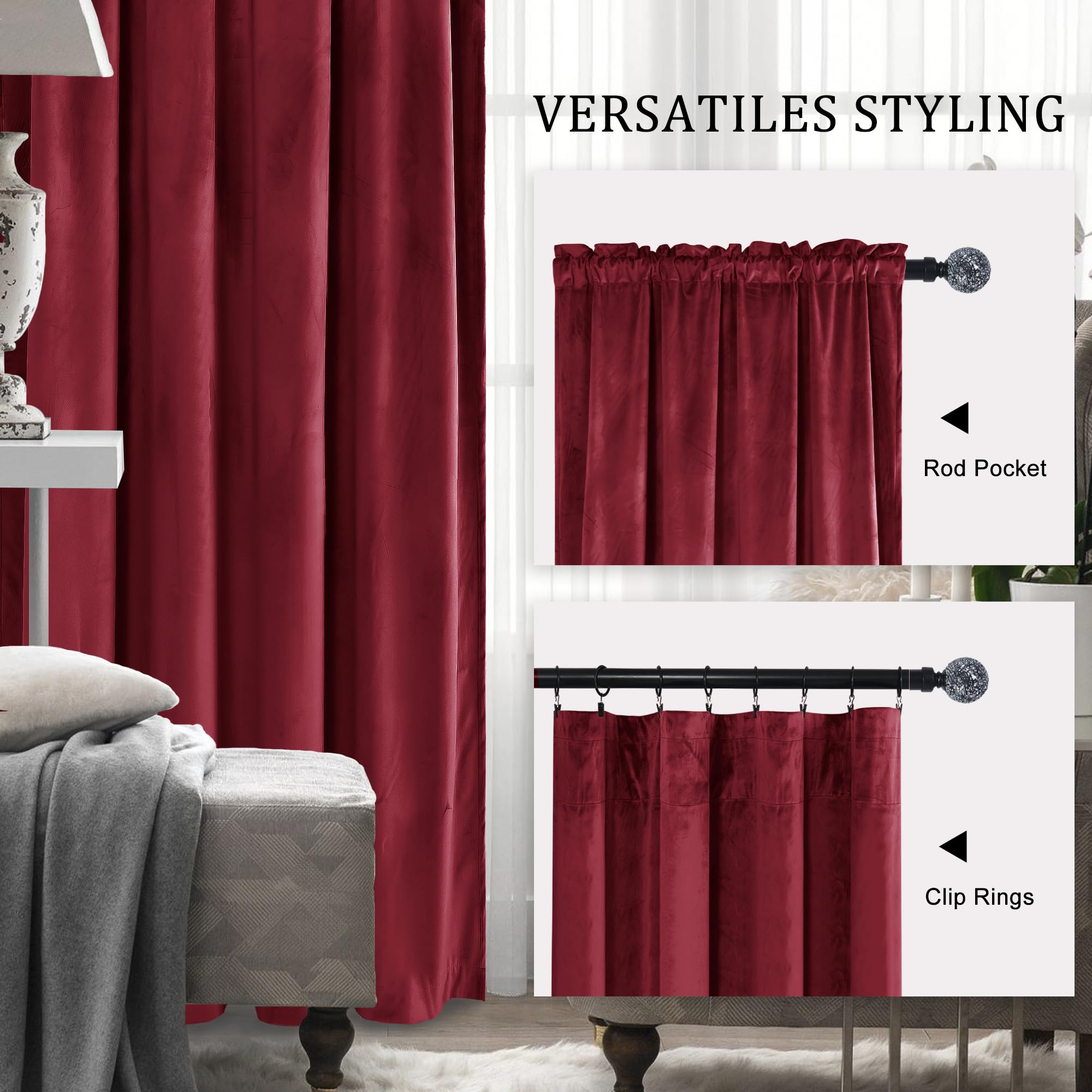 Hiasan Tende in velluto rosso 228,6 cm con tasca per asta oscurante, isolanti termici, tende oscuranti per camera da letto, soggiorno, set di 2 pannelli, 52 x 90 l