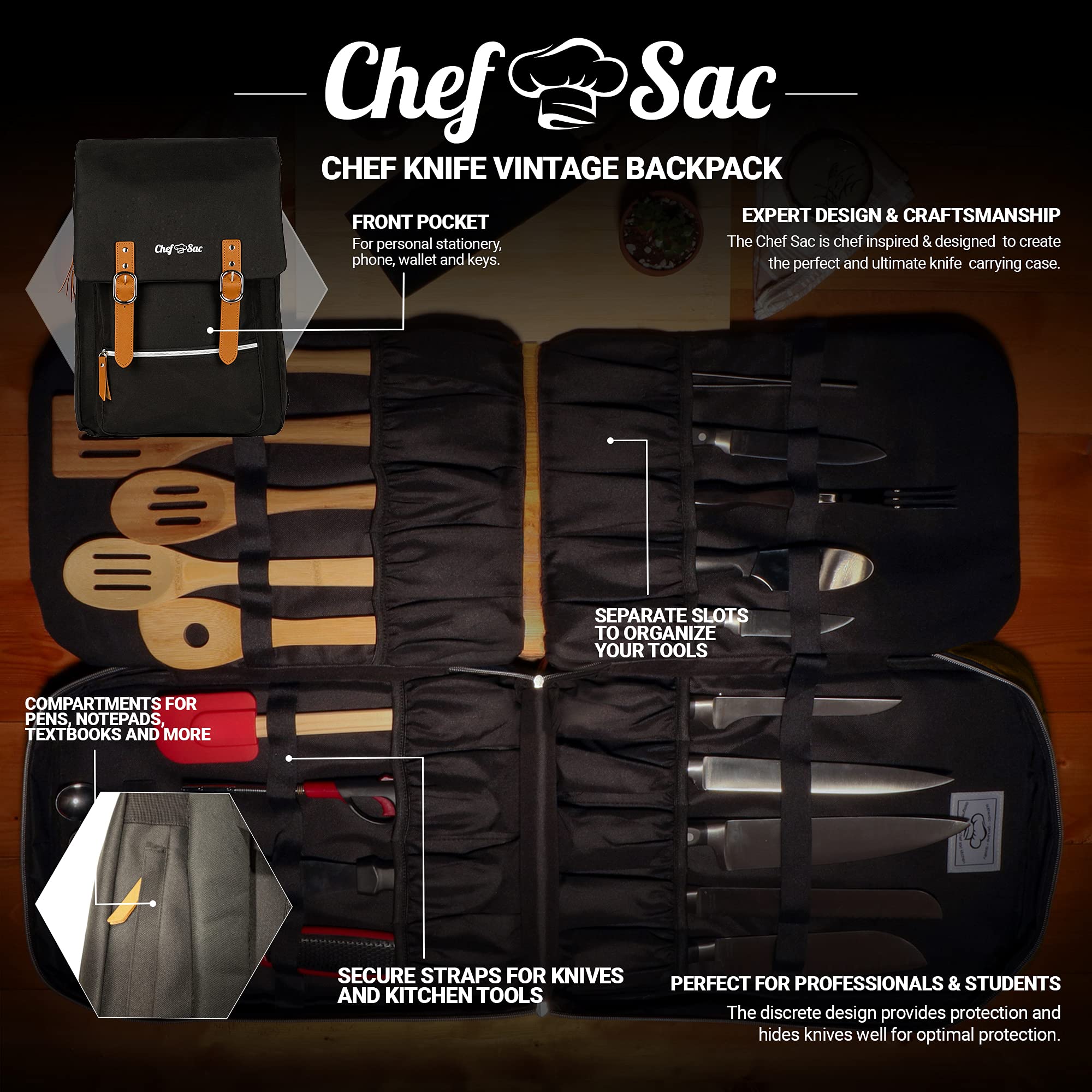 Chef Knife Bag Vintage Backpack 30+ Pockets for Knives and Chef Tools