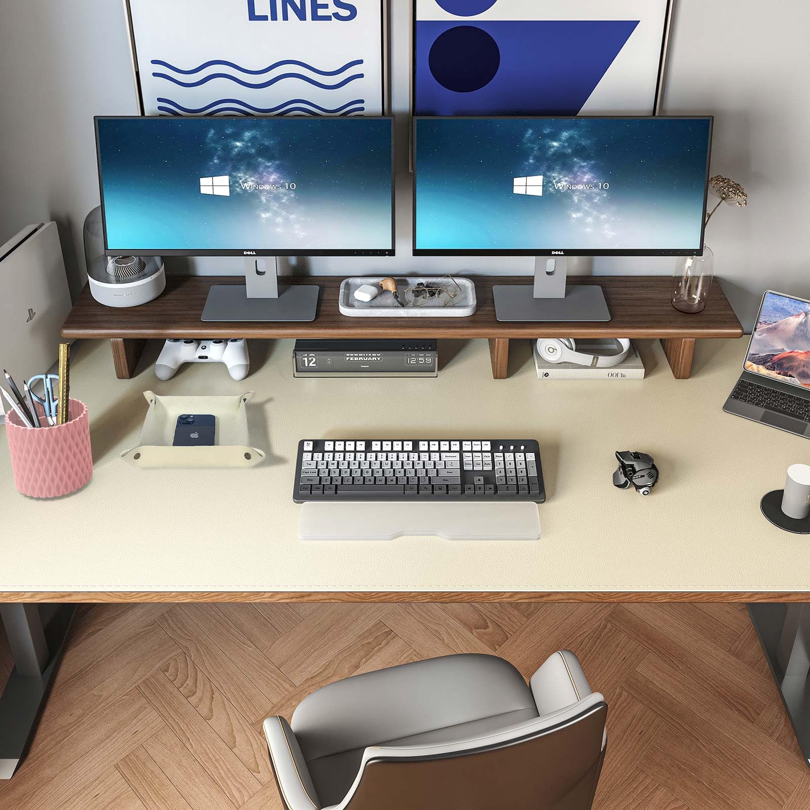 DAWNTREES Khaki Leather Desk Pad, 120x60cm, Cork & PU Leather, Office Desk Mat, Extra Large Mouse Pad with Organizer Tray