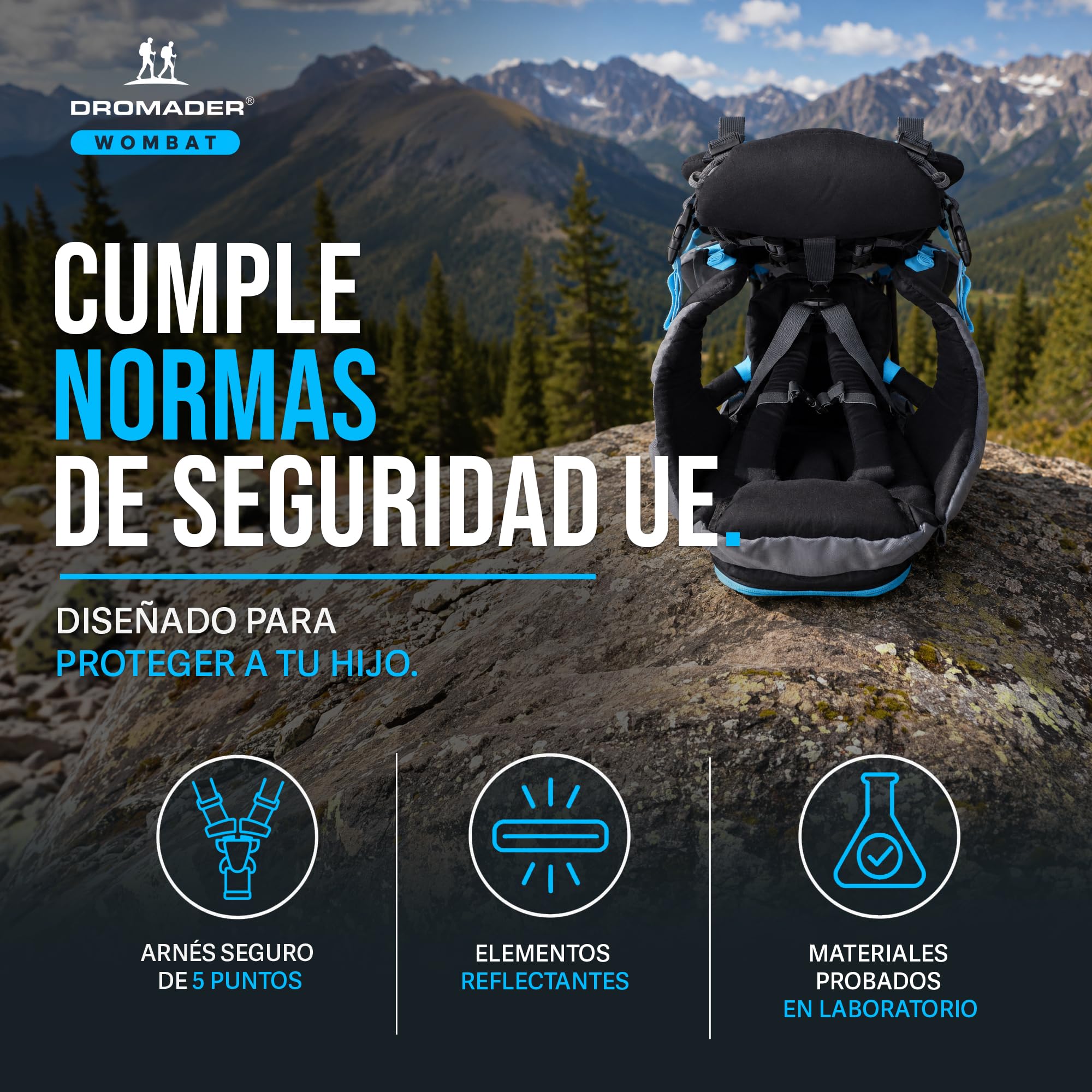 DROMADER Mochila Portabebe Montaña - Portabebes Senderismo hasta 22kg con Protector Solar, Protector de Lluvia, Bolsillo Térmico y Cambiador - Estructura Plegable con Una Mano - Negro y Azul