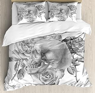 Ambesonne Grey Duvet Cover Set, Monochrome Illustration with Human Skull and Roses Hand Drawn Watercolors Romantic Artwork, Decorative 3 Piece Bedding Set with 2 Pillow Shams, King Size, Grey