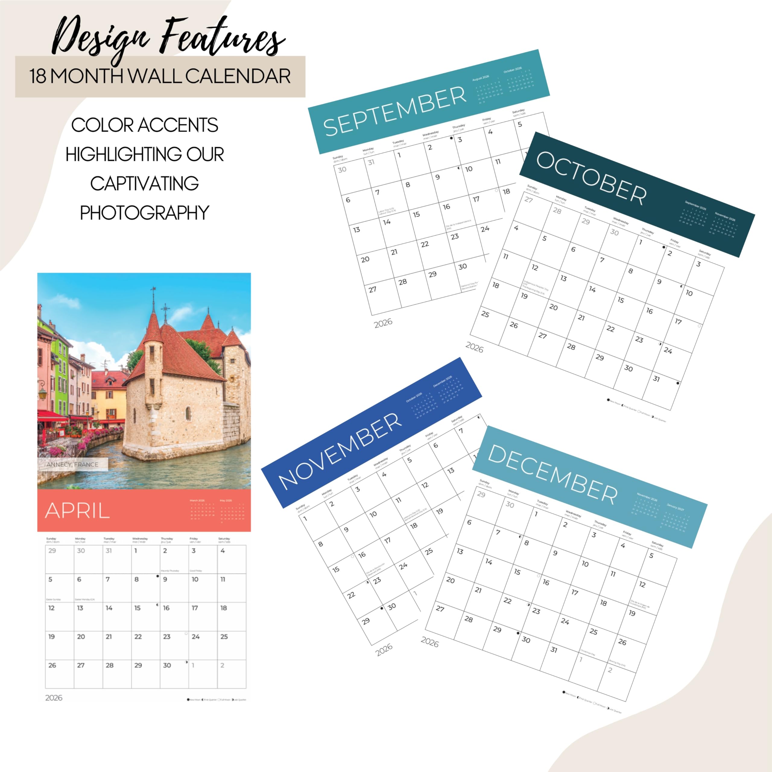 Juli 2025 - Dezember 2026 Europa-Wandkalender 18 Monate | 30,5 x 61 cm geöffnet | Geschenkreisekalender 2026 | Dickes und stabiles Papier zum Organisieren und Planen | Pacific Waters Press