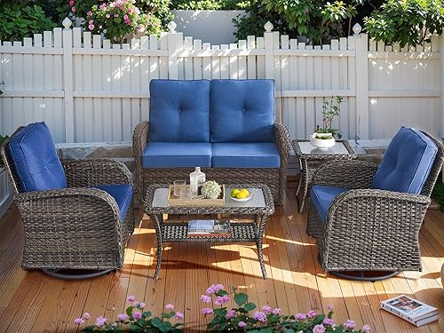 HUMMUH 5-Piece Patio Furniture Wicker Outdoor Conversation Set,All-Weather Rattan Swivel