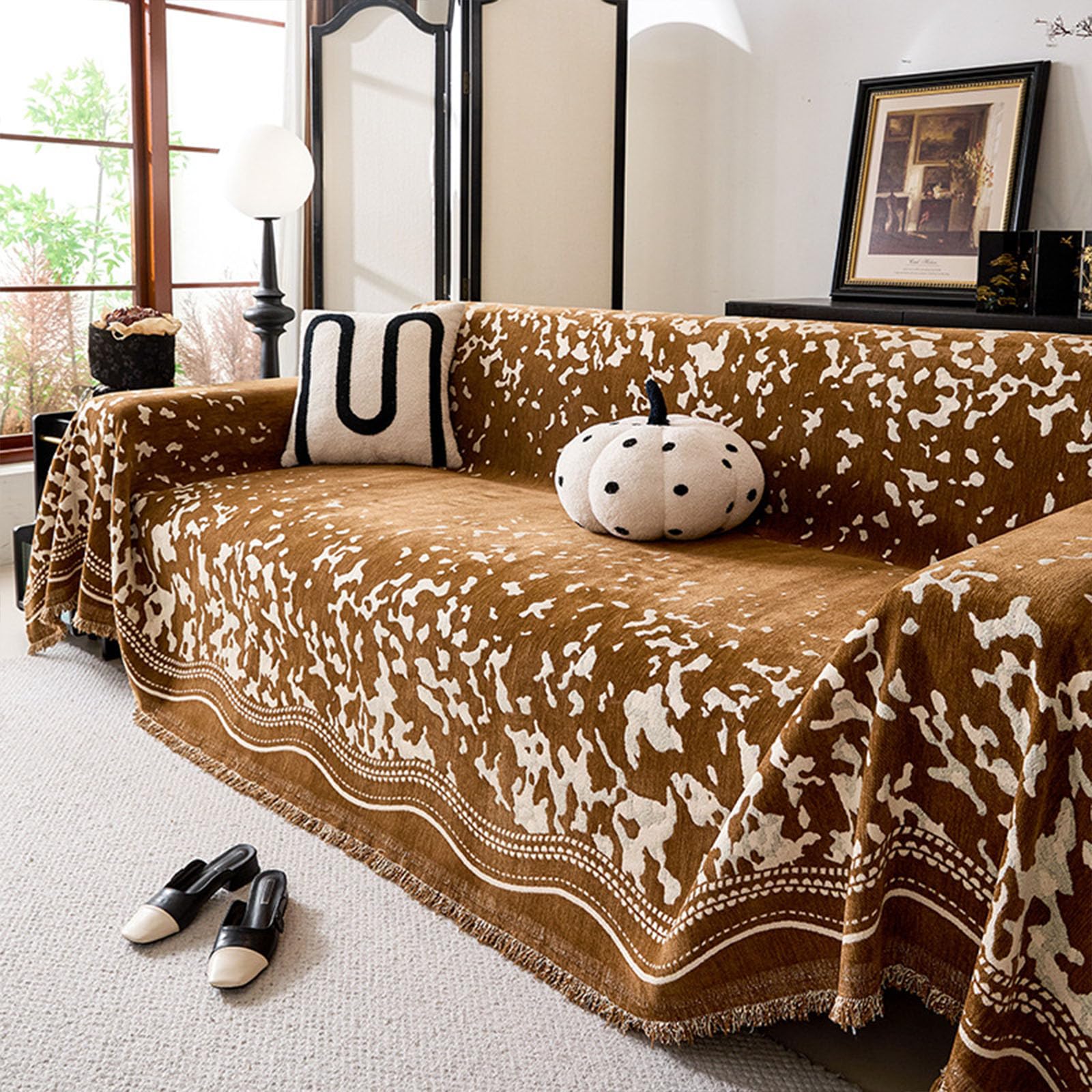 Housse de canapé velours à franges design abstrait encre