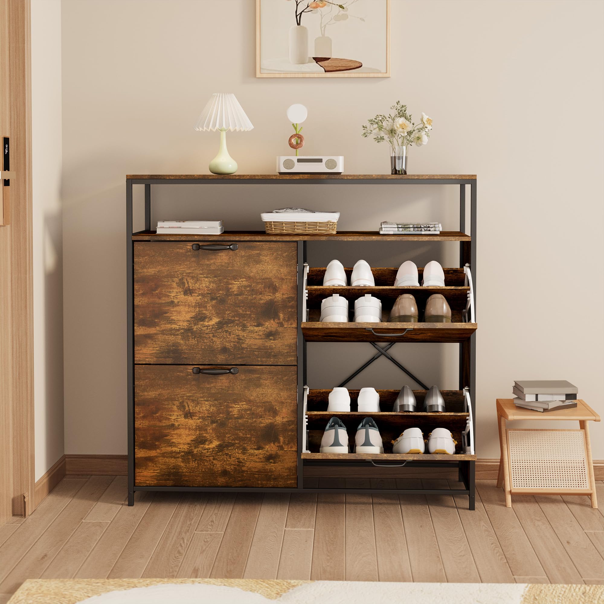 Zapatero con 4 Compartimentos y Estante Abierto, Mueble para 16-24 Pares, Diseño Industrial, Estrecho para Pasillo, Entrada y Salón,Retro | 4 cajones plegables y estantes ajustables, puede contener 12 a 18 pares, armario práctico para entrada y pasillo