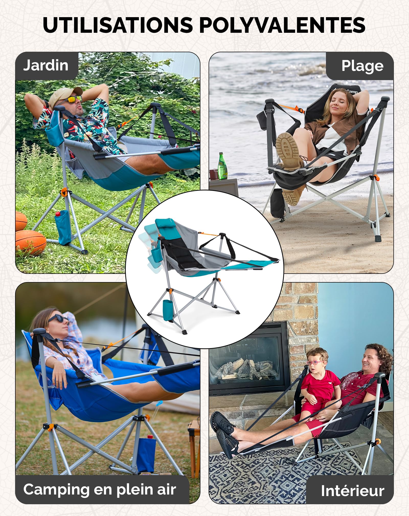 KingCamp Chaise de Camping à Bascule avec Repose-Pieds Pliable Cyan | Dossier Réglable 90–130°, Jusqu'à 180 kg, Cadre en Aluminium, Appui-Tête, Porte-Gobelet pour Camping et Jardin