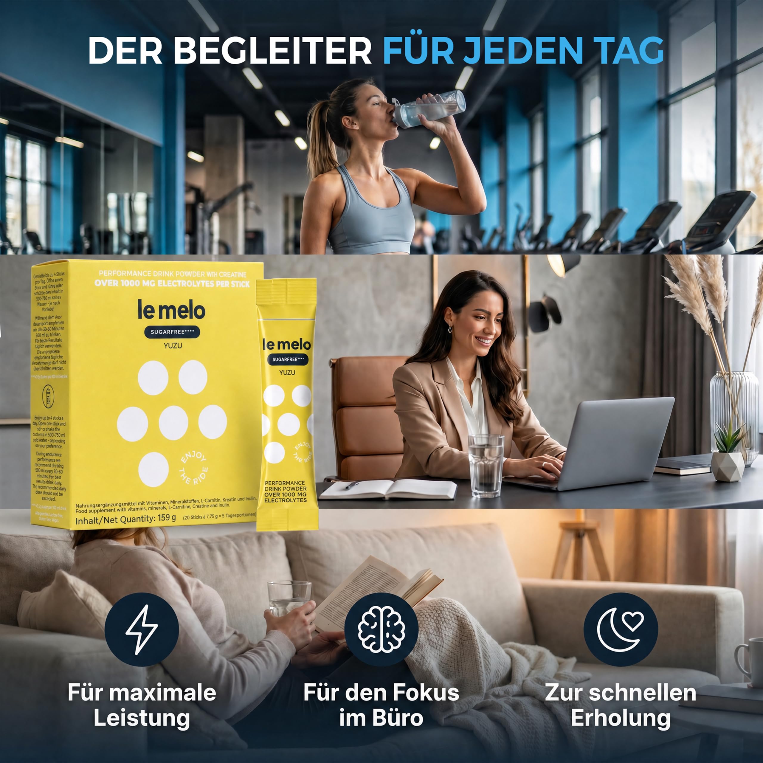 le melo® Elektrolytgetränk | 1.000+ mg Elektrolyte, Vitamine & Mineralstoffe | Optimiert Wasseraufnahme | Für Sport & Alltag & Erholung | Mit Kreatin | SUGARFREE YUZU 20er Pack