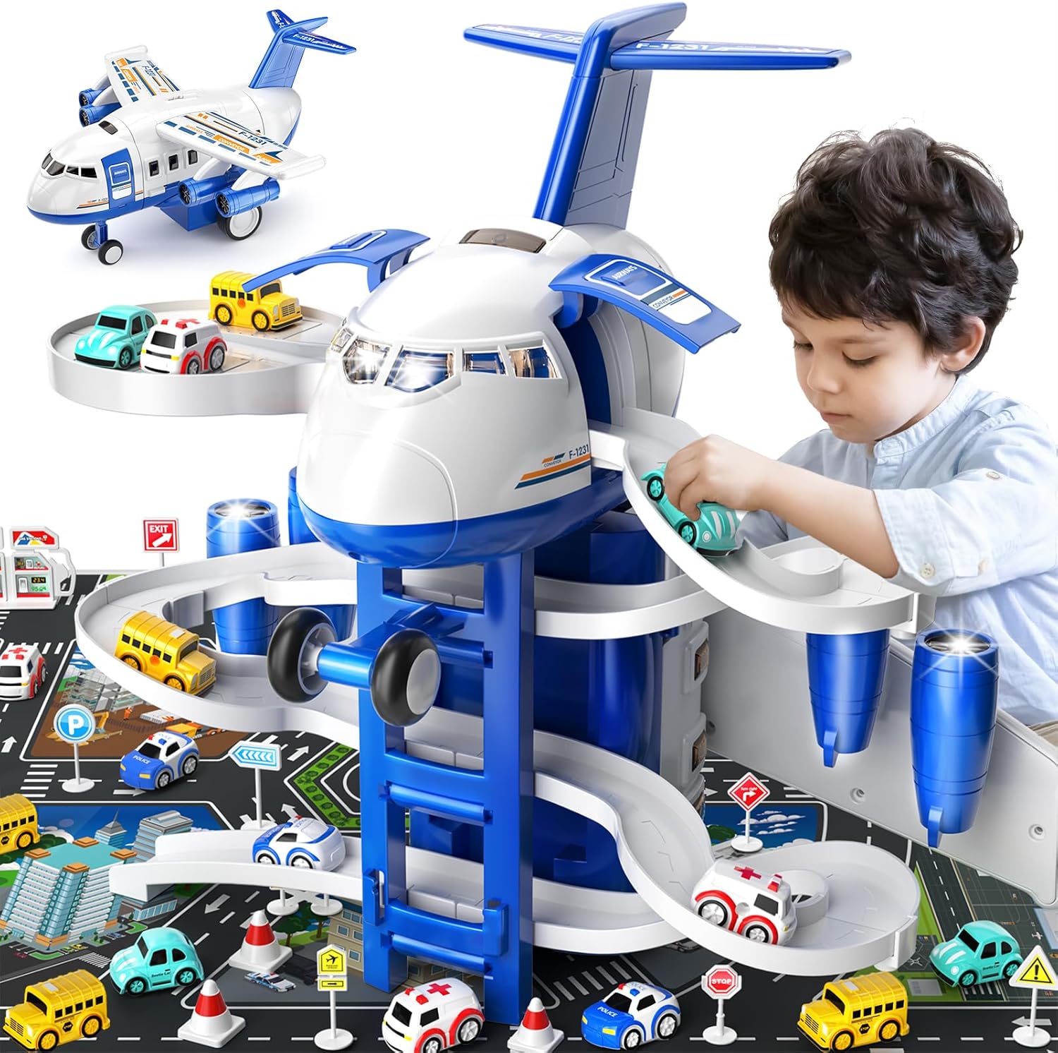 Airplane Toys for Toddlers 3-5 - Car Race Tracks for Kids Ages 4-8 with 8 Small Car Toys, Educational Toys for Kids Ages 4-8, Birthday Gifts for Boys 3-5, Birthday Gifts for Boys Girls 4-7