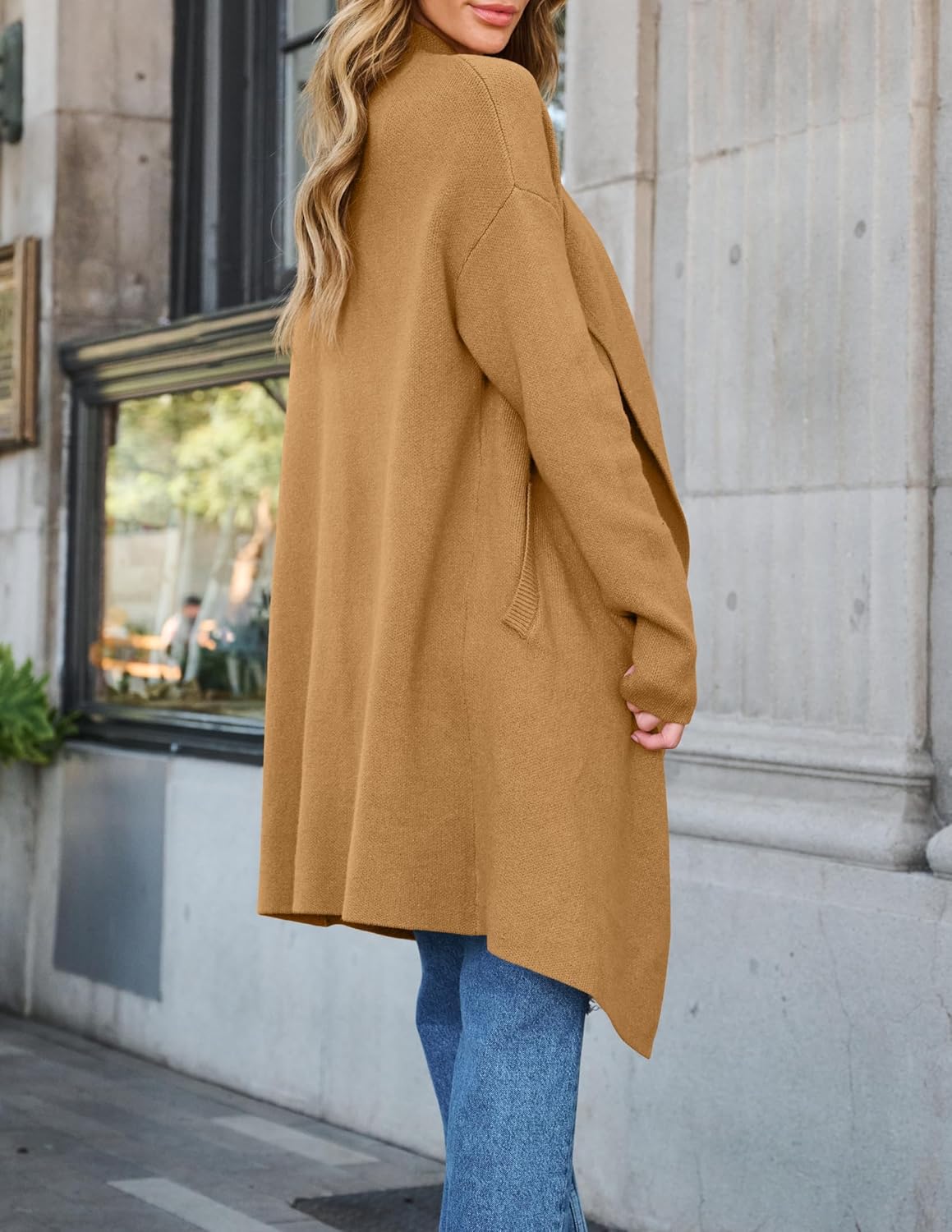 ZESICA Women's Casual Lapel Cardigan Long Sleeve Open Front Irregular Hem Soft Knitted Sweater Coat with Pockets - Image 4