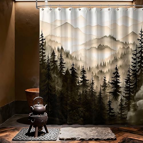 Miniatura 15 de Cortina de ducha azul marino de bosque Cortina de ducha azul oscuro de montaña y naturaleza para decoración de baño de hombres, tela impermeable con