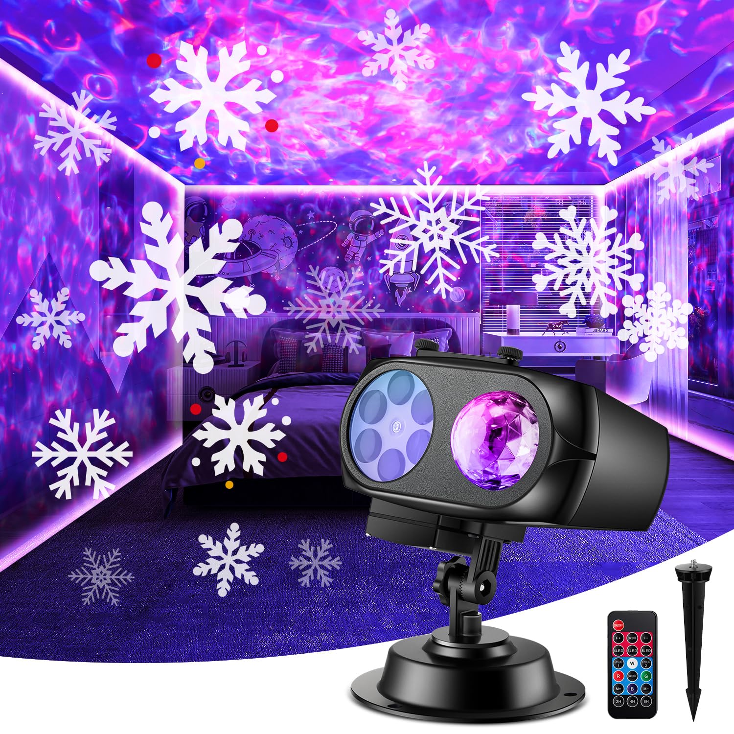 Galaxy Projector Outdoor Lights for House,Upgrade 100 HD Effects(3D Galaxy Projector +10*8 HD Patterns), 2-in-1 Outdoor Decor Room Decor, Remote Timer Snowflake Lights Projector Room Projector Light