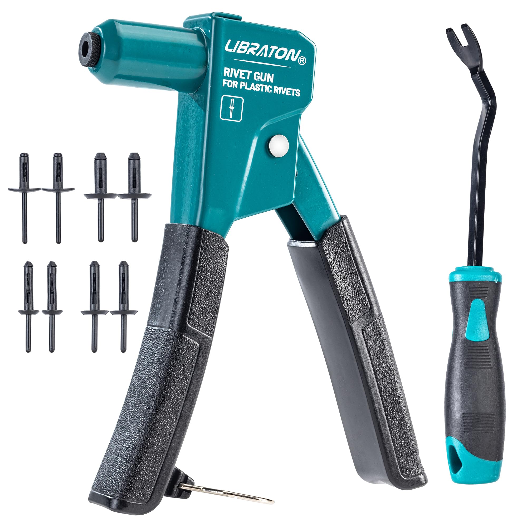LIBRATON - Kit de pistola remachadora de plástico, remachadora manual de 90 grados con 40 remaches de nylon (4 tamaños), punta universal para automoción/electrónica, ergonómica y con un 50% menos de