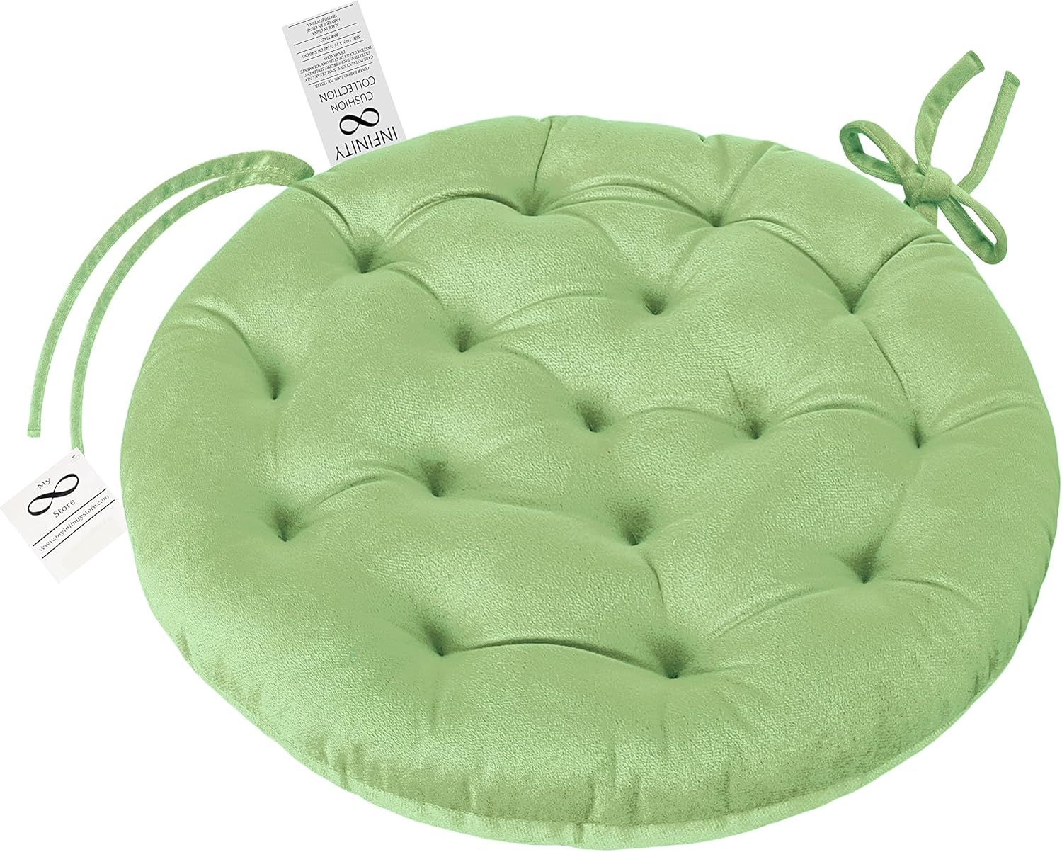 Infinity Collection 16 inch Round Tufted Plush Chair Pad/Cushion for Kitchen Bar Stool Dining Room Durable Reversible with Tie Backs (Sage Green, 2)