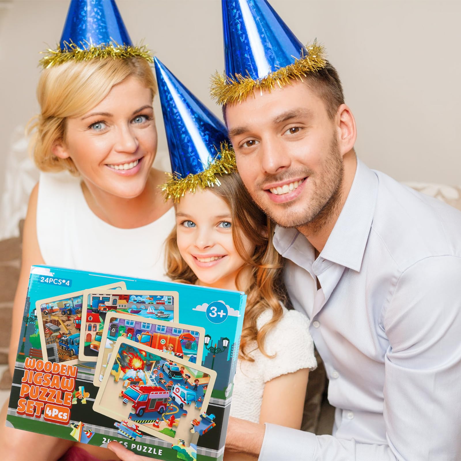 Juego de 4 Puzzle de Madera para Niños, Rompecabezas de 24 Piezas, Puzzle Juego de Coches de Juguete, Juguete Educativo para Infantiles de 3 4 5 6 años, Juguete de Regalo para Niña Niño