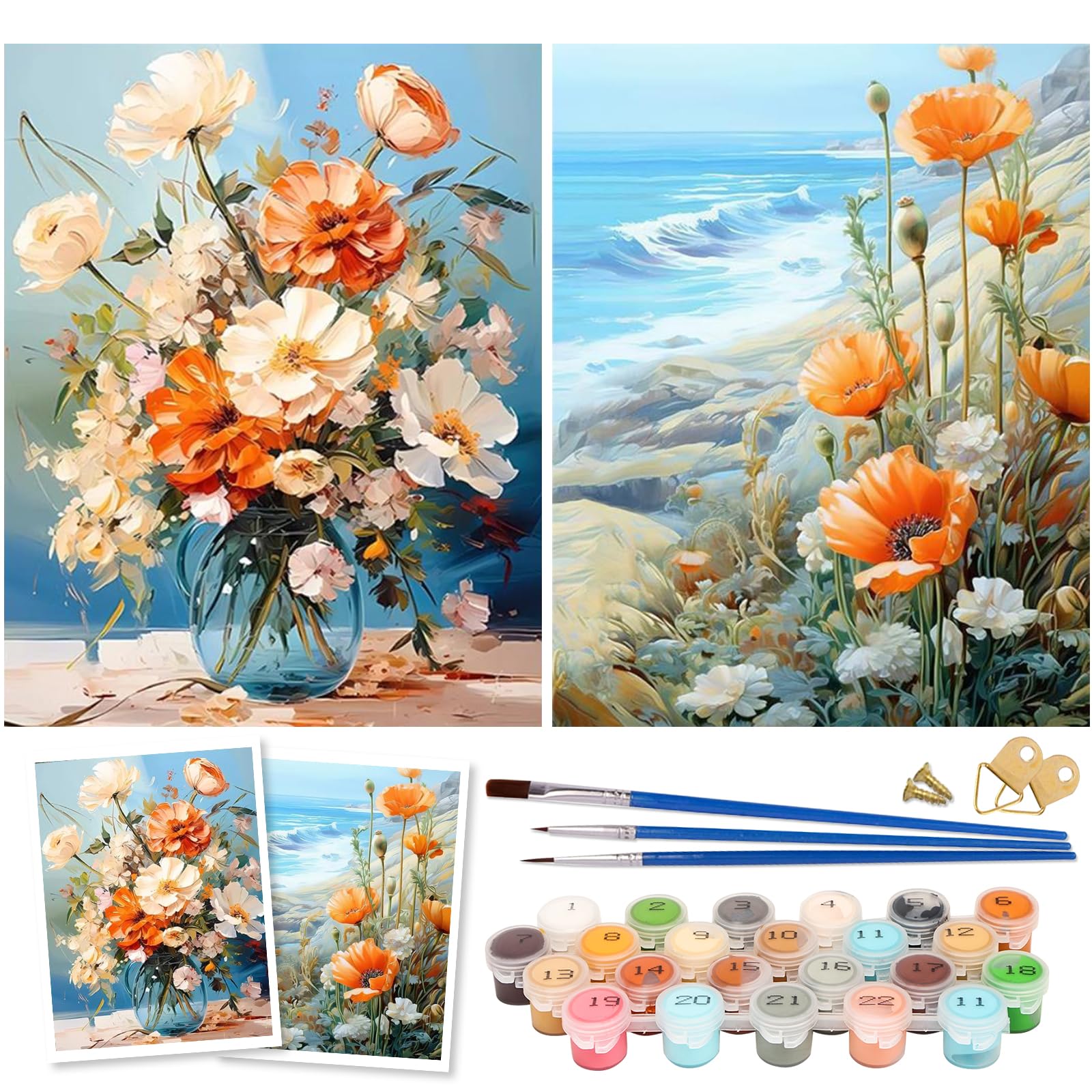 Pintura por Números para Adultos, 2 piezas DIY Pintura por Números Flor, Kit de Pintura al óleo de Lienzo para con Pinceles Sin Marco 30X40 CM