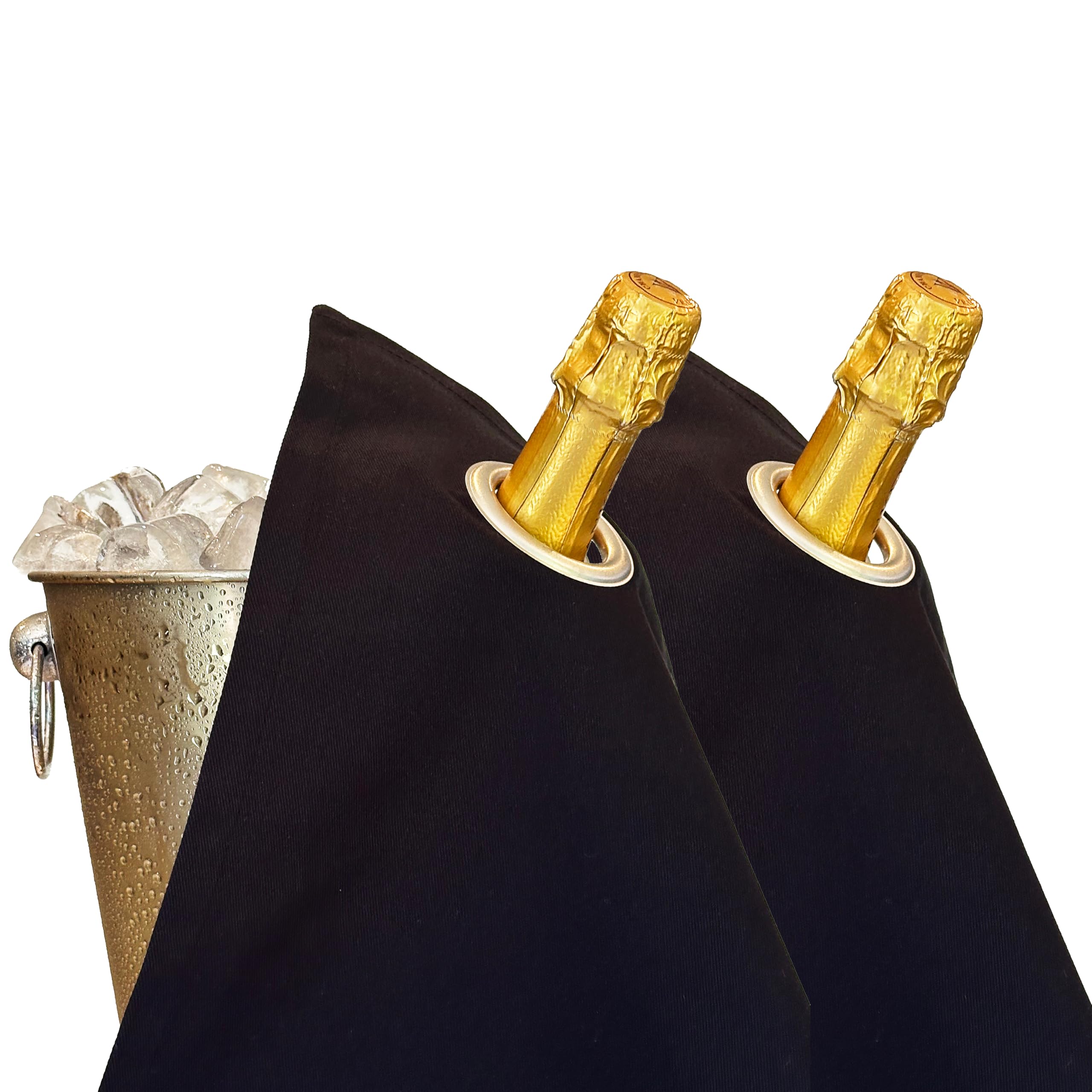 Classic Collection - Paños para botellas con anillos de metal para cubitos de hielo, algodón, 42 cm, agujero de esquina (negro con anillo plateado, paquete de 2)