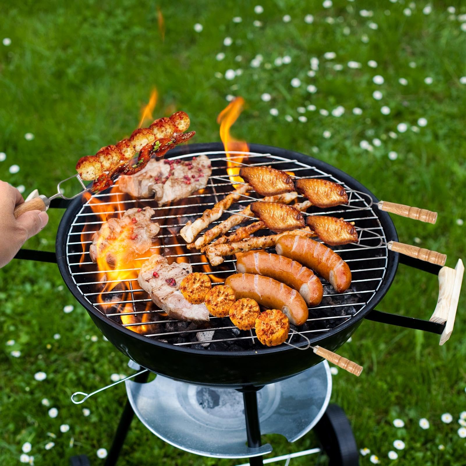 Brochetas De Parrilla Largas e Inoxidables para Pollo, Carne, Verduras | 10 pinchos kebab para barbacoa para pollo, carne, gambas, filetes, salchichas, exterior y picnic familiar