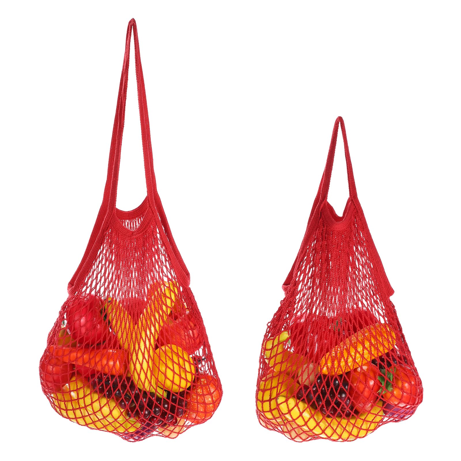 sourcing map 2 Pcs Reusable Mesh Produce Storage Bags Washable Net Portable Fruit and Vegetable Bag Cotton String with Long Short Handle for Grocery Shopping Storage Fruit Vegetable, Red