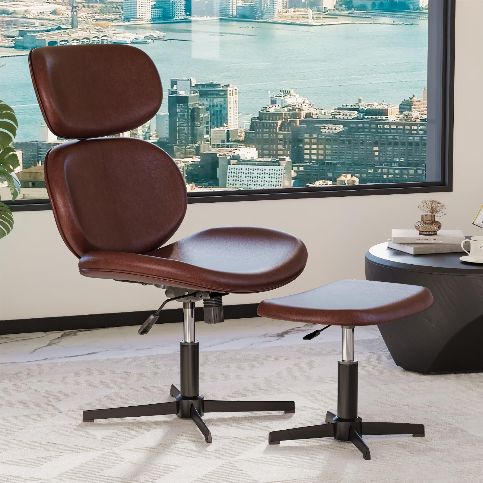 Bestier Swivel Modern Chair with Ottoman No Wheels, PU Criss Cross Reading Chair with Extended Headrest & Adjustable Seat, Modern Armless Ergonomic Chair for Living Room, Dark Brown