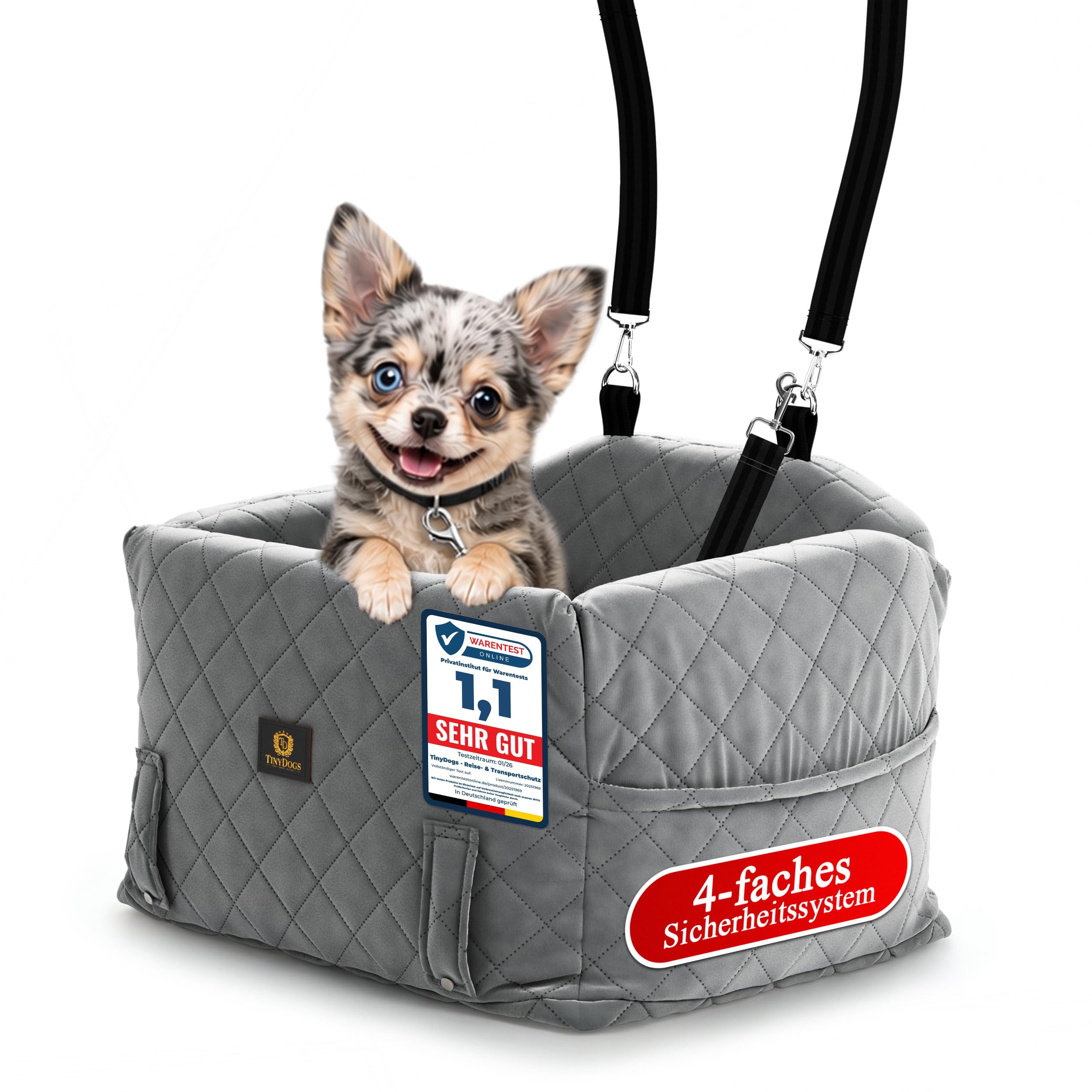 Hunde Autositz für kleine und mittlere Hunde bis 12KG für Vorder & Rücksitz | 4-faches Sicherheitssystem, waschbar, Hundesitz Auto, 3 in 1, Dog car seat, Memory Polster, Hundebett Auto, mit Seitentaschen
