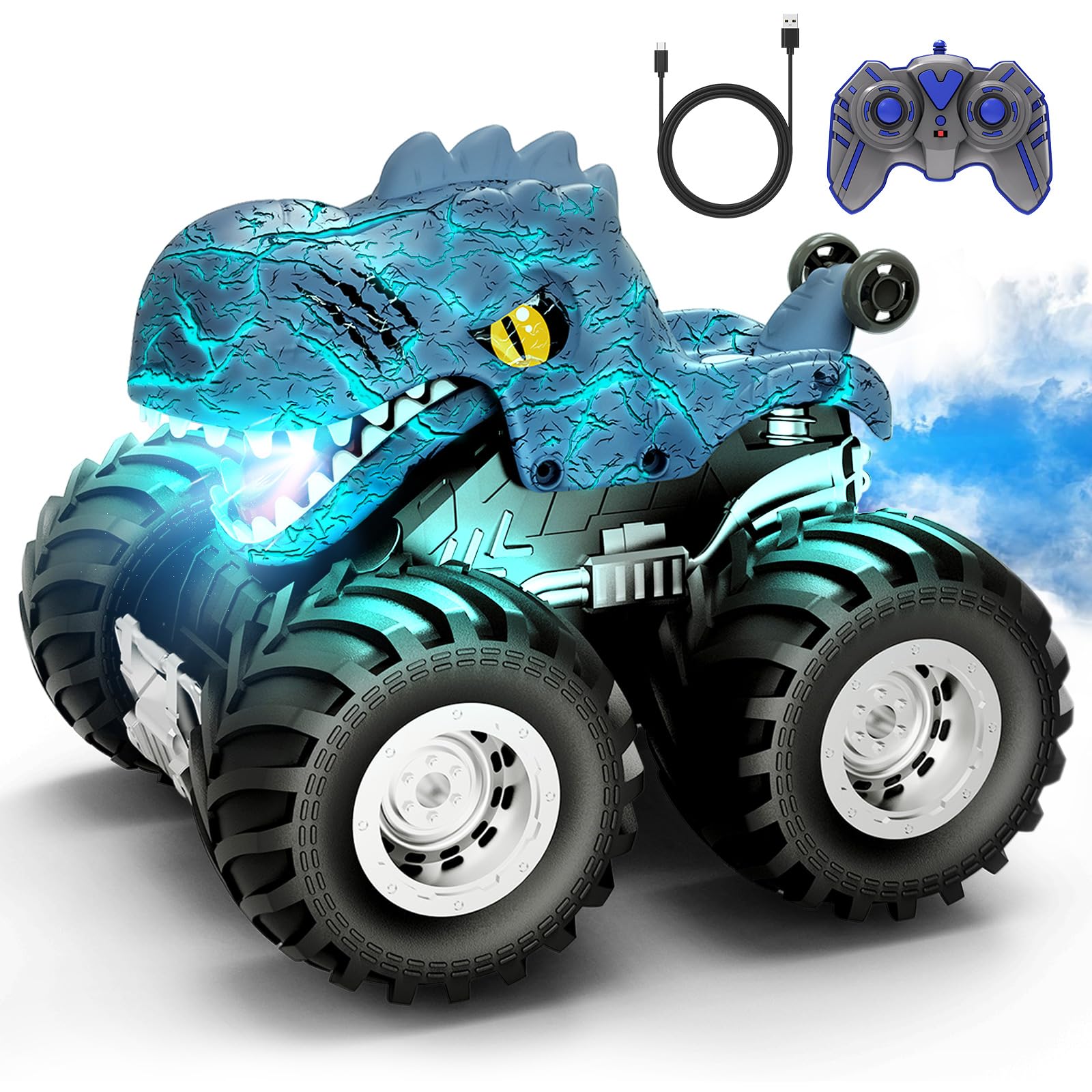 Tecnock Coche de dinosaurio teledirigido, 360 ° giratorio, coches RC de 2,4 GHz, juguete con spray, sonido ligero, juguete para niños de 3 a 8 años, regalo para niños y niñas