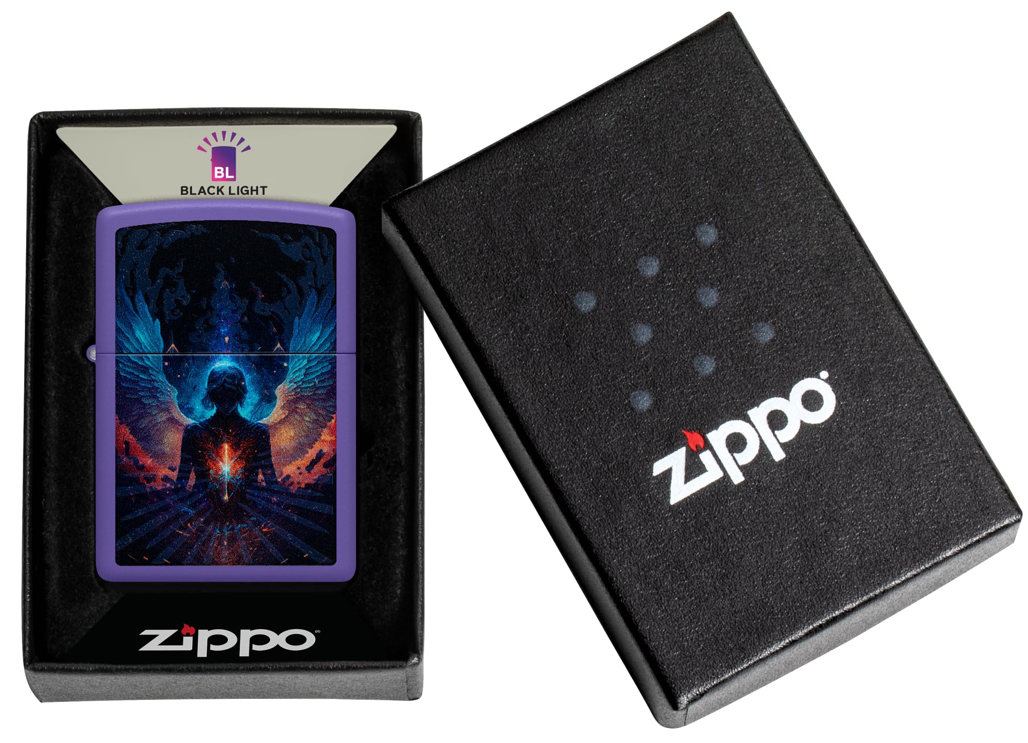 Zippo Angel Zapalniczka Sztormowa, Lampa Światła Czarnego, do Napełniania, Wielokrotnego Użytku, Wiatroodporna Konstrukcja, Pudełko na Prezent, Wykonano w USA, Kolor Fioletowy Matowy (Purple Matte)