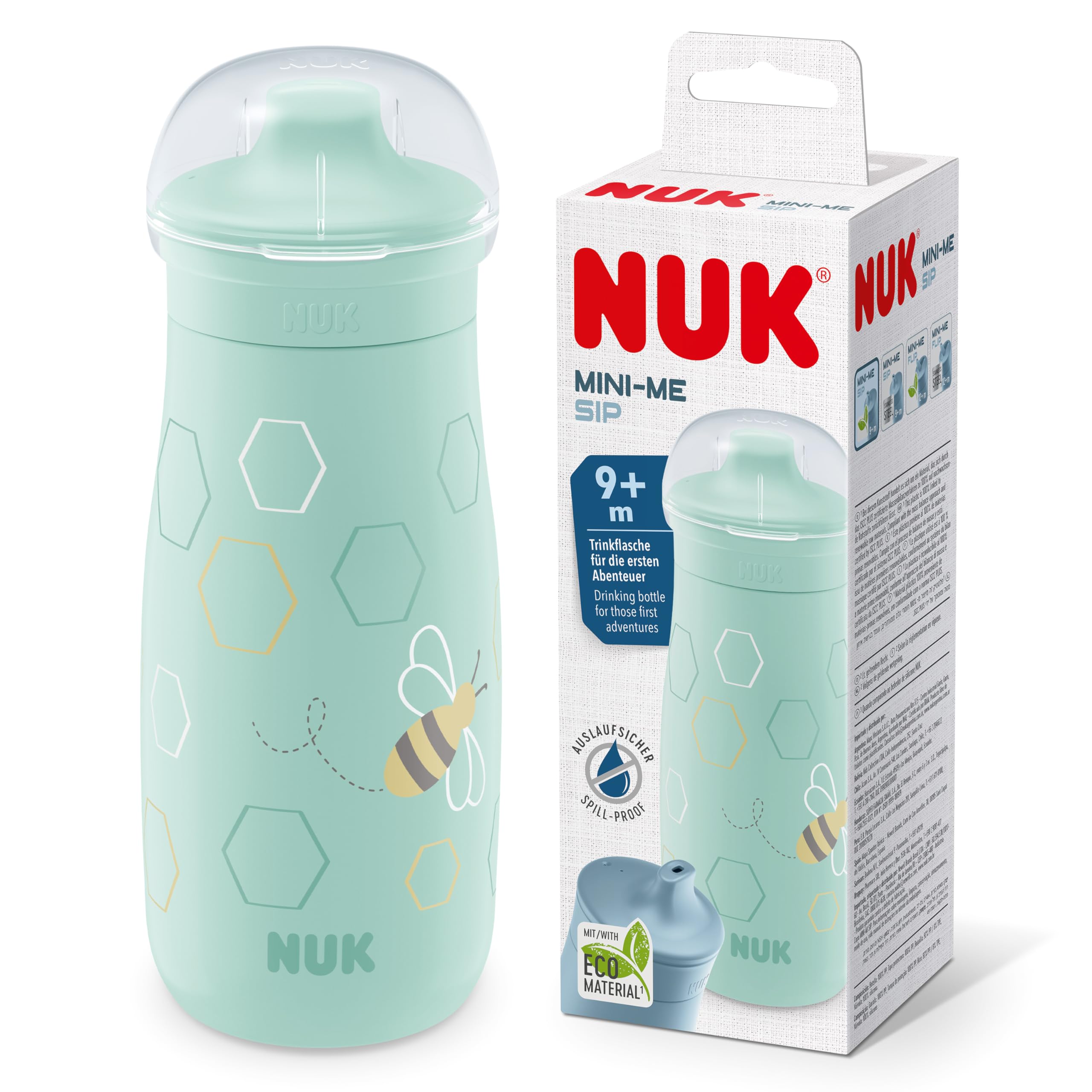 NUK Mini-Me Sip Tazza per bambini | 9+ mesi | 300 ml | Borraccia per bambini | Beccuccio temperato antigoccia | Infrangibile | Mint Bee