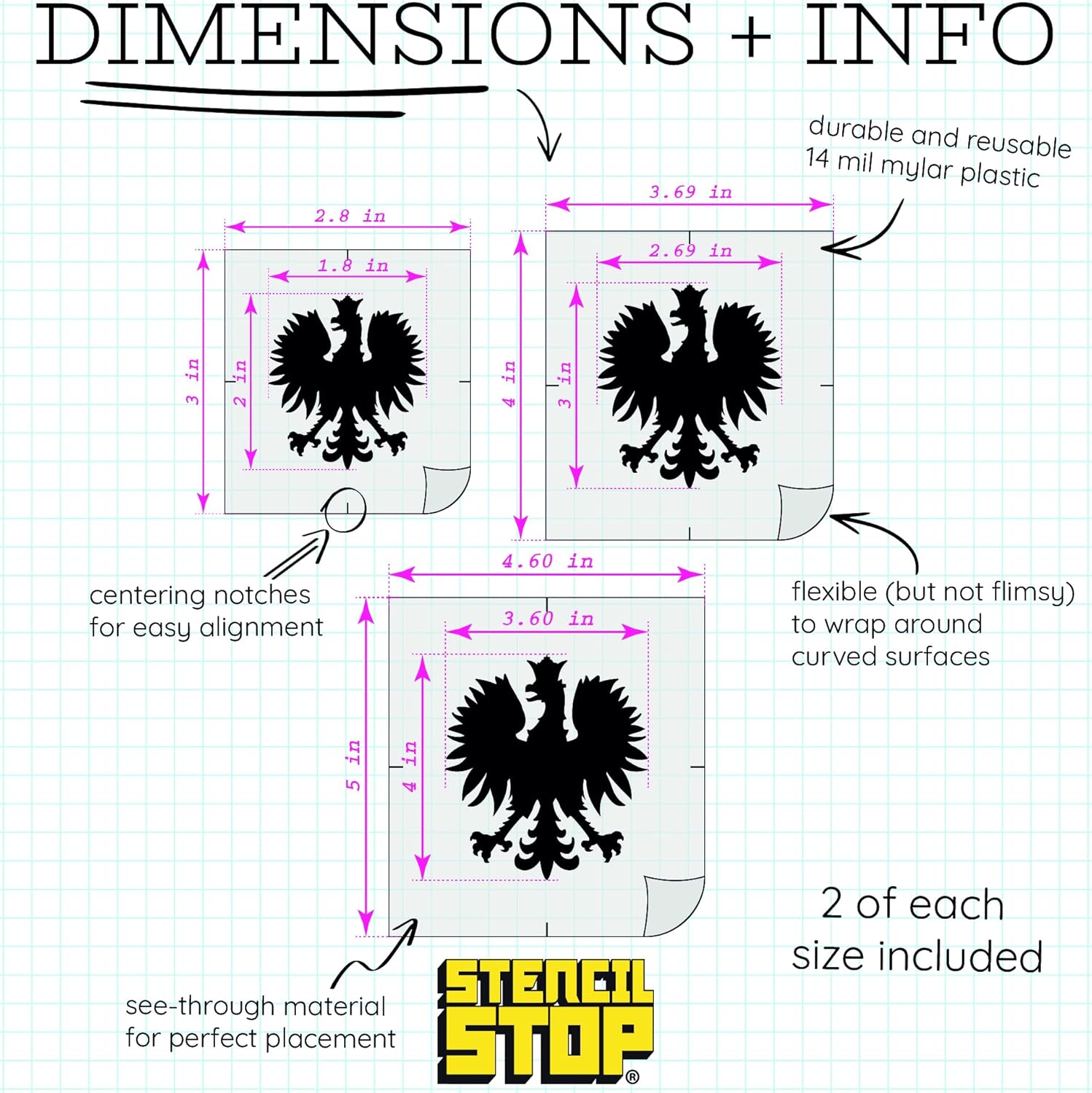 Stencil Stop Polish Eagle Stencil - Reusable for DIY Projects, Painting, Drawing, Crafts - 14 Mil Mylar Plastic (2", 3", and 4", 2 Each)