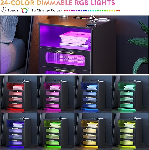 Miniatura 3 de Mesita de noche RGB con estación de carga inalámbrica, 7 modos dinámicos y 7 modos estáticos, mesita de noche regulable, moderna mesita de noche