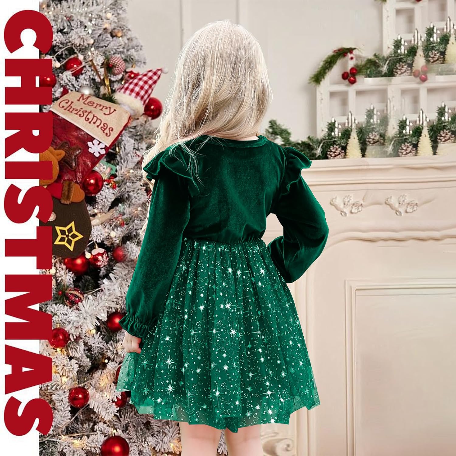 Toddler Christmas Dress Ruffle Long Sleeve Toddler Baby Girls Knee Length Tulle Velvet Dresses for Party Holiday - Image 3