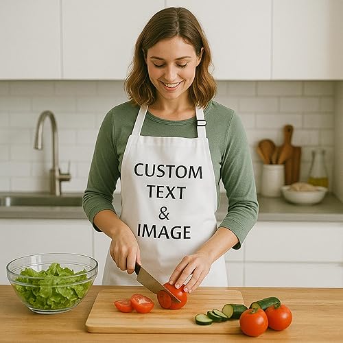 Vista 4 de LeWall Delantal personalizado – Logotipo de nombre personalizado para cocinar hornear y manualidades Cuello ajustable, bolsillos delanteros, Rosa