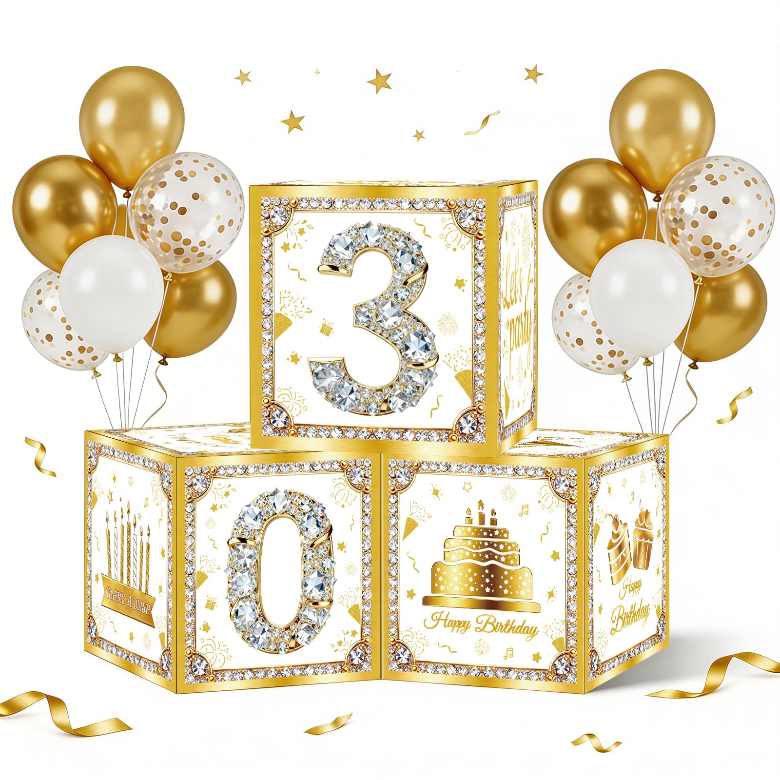 30th Birthday Decorations for Women, 3Pcs White Gold 30th Birthday Decoration Boxes, 30 Year Old Party Supplies Cardboard Box , Thirtieth Birthday Theme Cube Boxes Party Decorations for Women