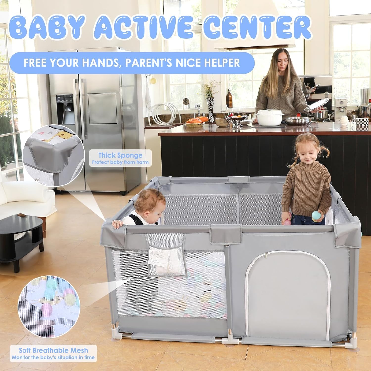 INVOKER Baby-Laufstall 120 x 180 cm mit Matte – Großer Spielbereich mit transparenten Mesh-Wänden und Reißverschlusstür, Kindergehege für Innen- & Außenbereich inkl. Tragetasche