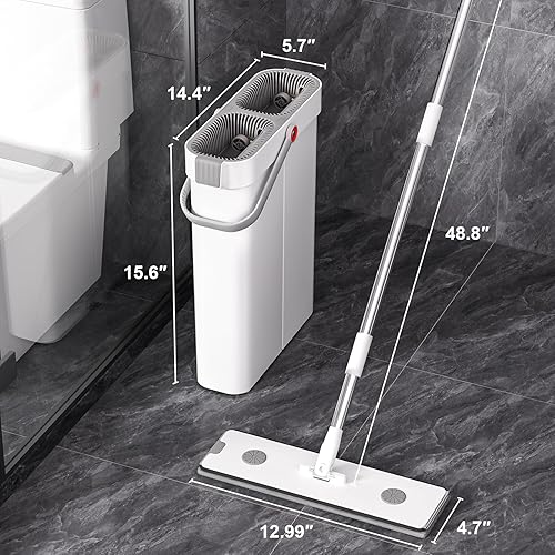 Miniatura 8 de JOYBOS Trapeador y cubo con juego de escurridor, trapeador de piso plano manos libres y cubo, con 2 almohadillas de microfibra lavables, uso húmedo