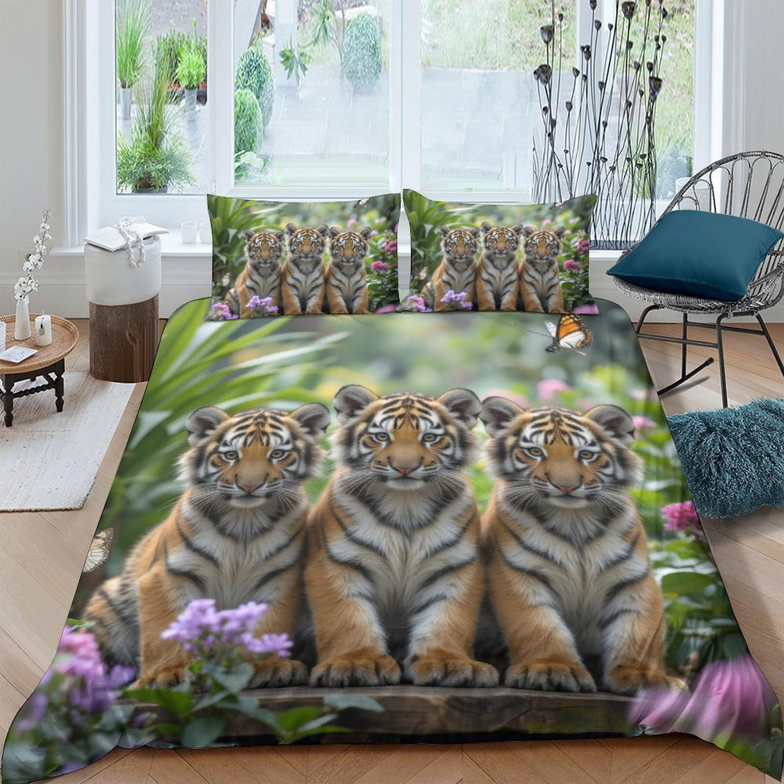 Ctjqhvkz Style-2 3D Printed Tiger Cubs Fitted Sheet Microfiber Soft Forest Flowers Bed Cover For Bedroom Dorm Mattress Protection Decor Single（135X200cm）