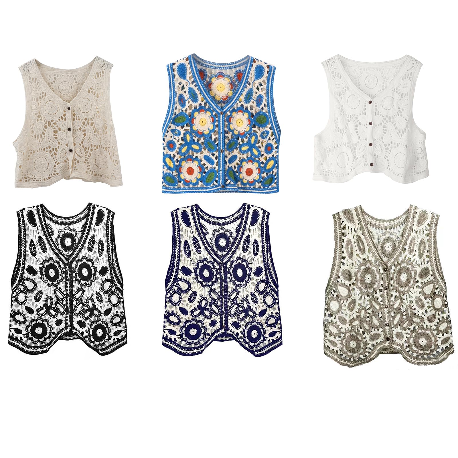 Wwhjr Women's Black Hollow Out Crochet V-Neck Vest Cardigan French Knit Geometric Floral Vintage Loose Button Crop Top Waistcoat Hollow Crochet V-Neck Vest Cardigan