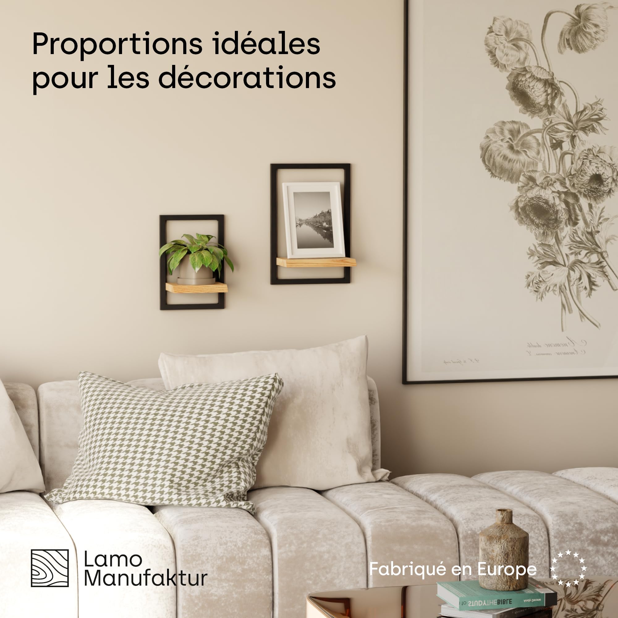 LAMO Manufaktur Étagères murales Set 2pcs 15/20cm | Petite étagère en Bois pour Chambre, étagère Murale Cuisine | Couleur: Marron Noisette, Cadre: Anthracite