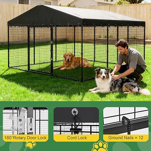 Miniatura 4 de Gotland Perrera para perros al aire libre de 10 x 10 x 6 pies, jaula para perros medianos y grandes con techo impermeable, doble cerradura de