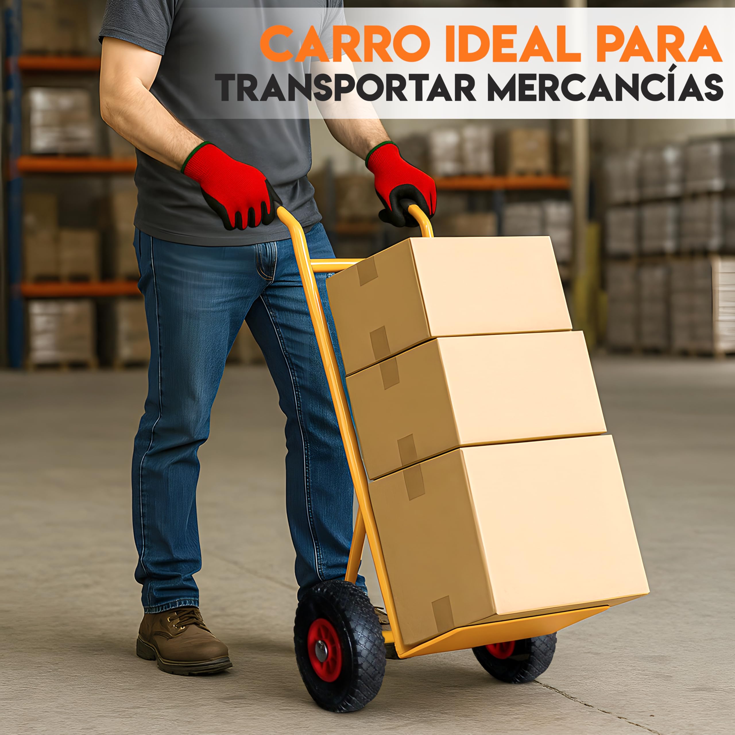 Carretilla de Mano 300 kg Industrial con Estructura de Acero y Ruedas reforzadas neumaticos hinchables Carro de Reparto Carga Cajas almacen Muebles Jardin y Obras Carrillo de Seguridad