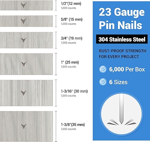 Miniatura 2 de meite Clavos de acero inoxidable de calibre 23, varios 6 tamaños (12 pulgadas, 58 pulgadas, 34 pulgadas, 1 pulgada, 1-316 pulgadas, 1-38 pulgadas)