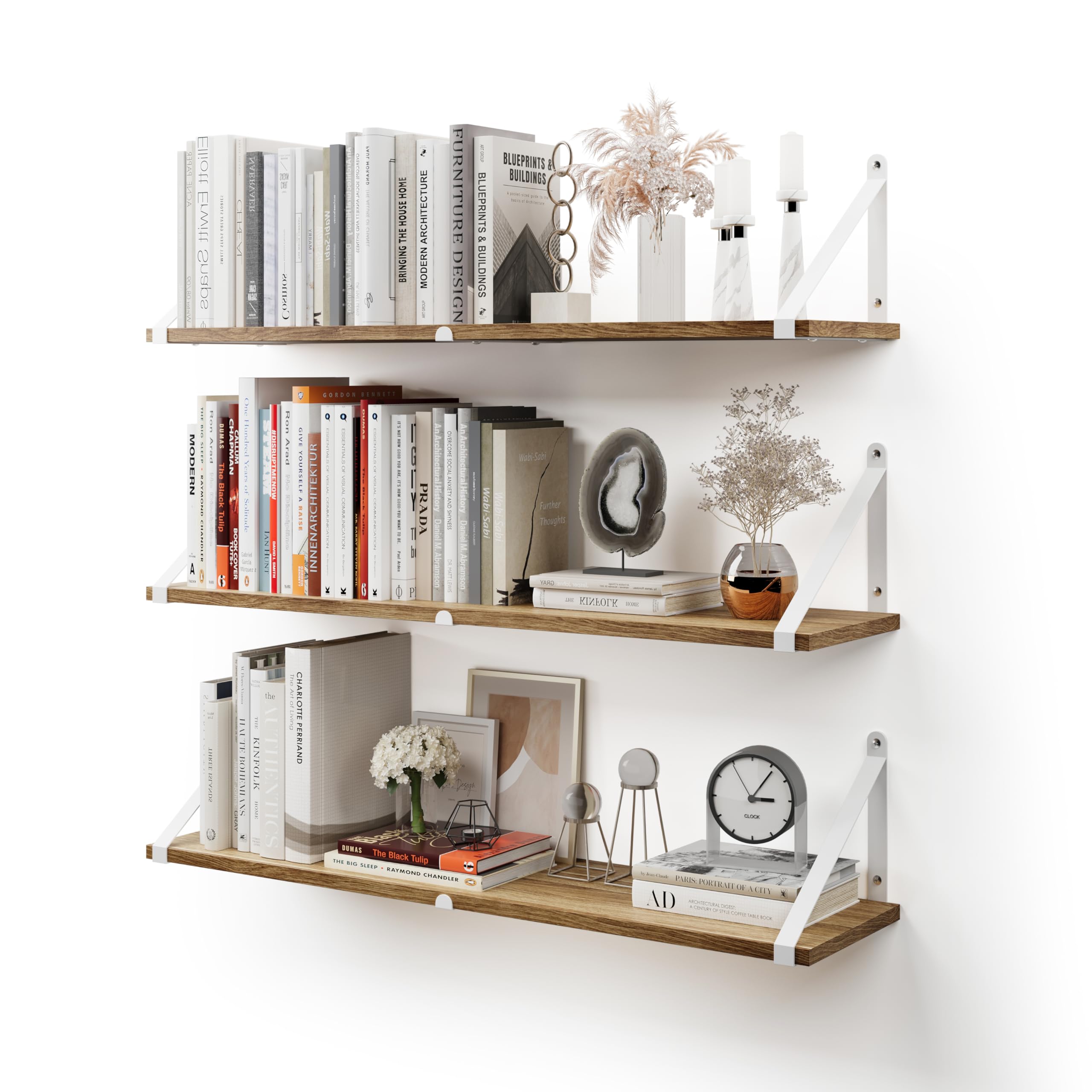 CASSA ZENO Wall Mounted Floating Book Shelves for Wall Set of 3, 80cm x 20cm Shelf Bookshelf for Bedroom Living Room Office Bathroom Kitchen Rustic Wood with Metal Bracket (Natural White)